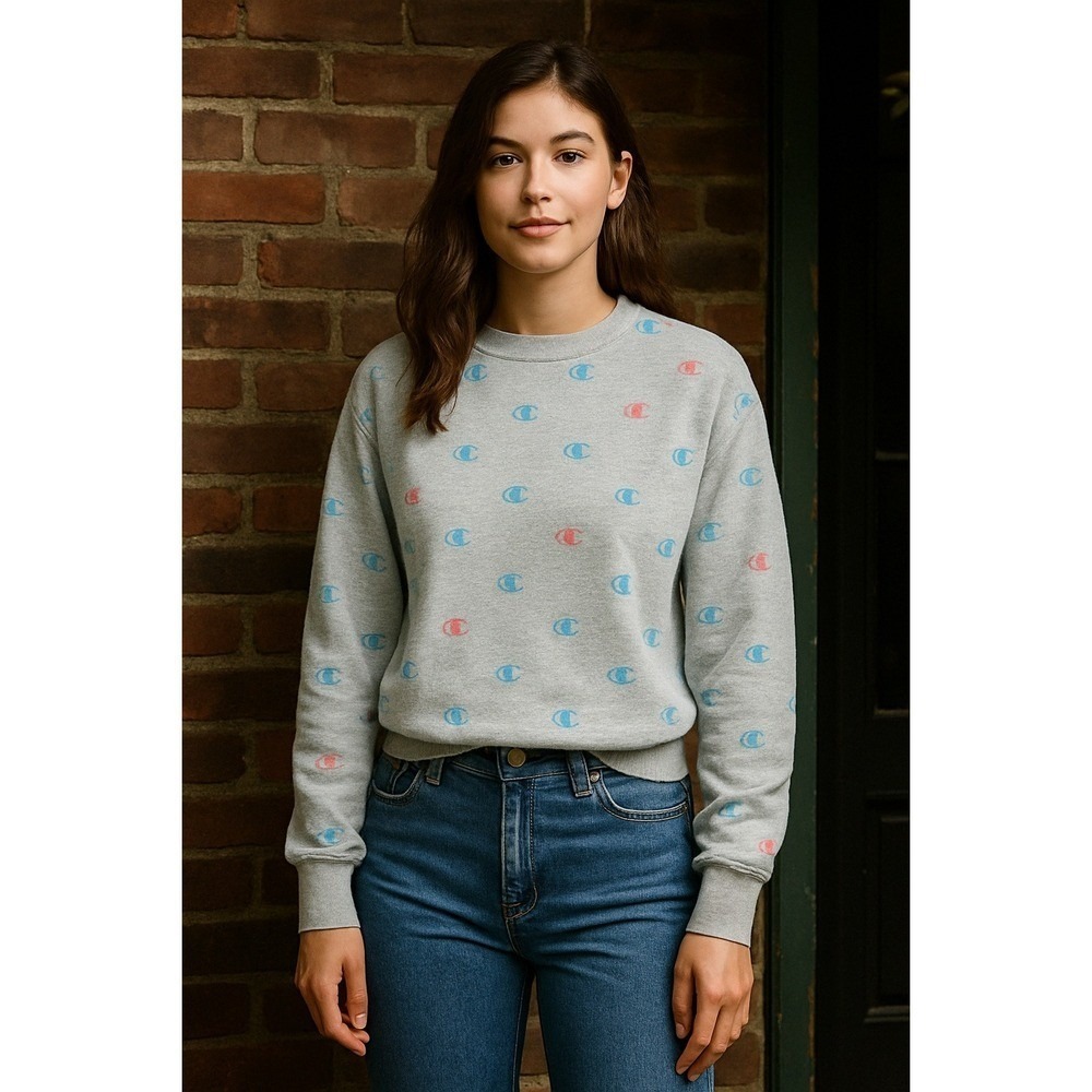 Champion Reverse Weave Sweatshirt Womens Medium‎ Grey Logo Print Good Streetwear